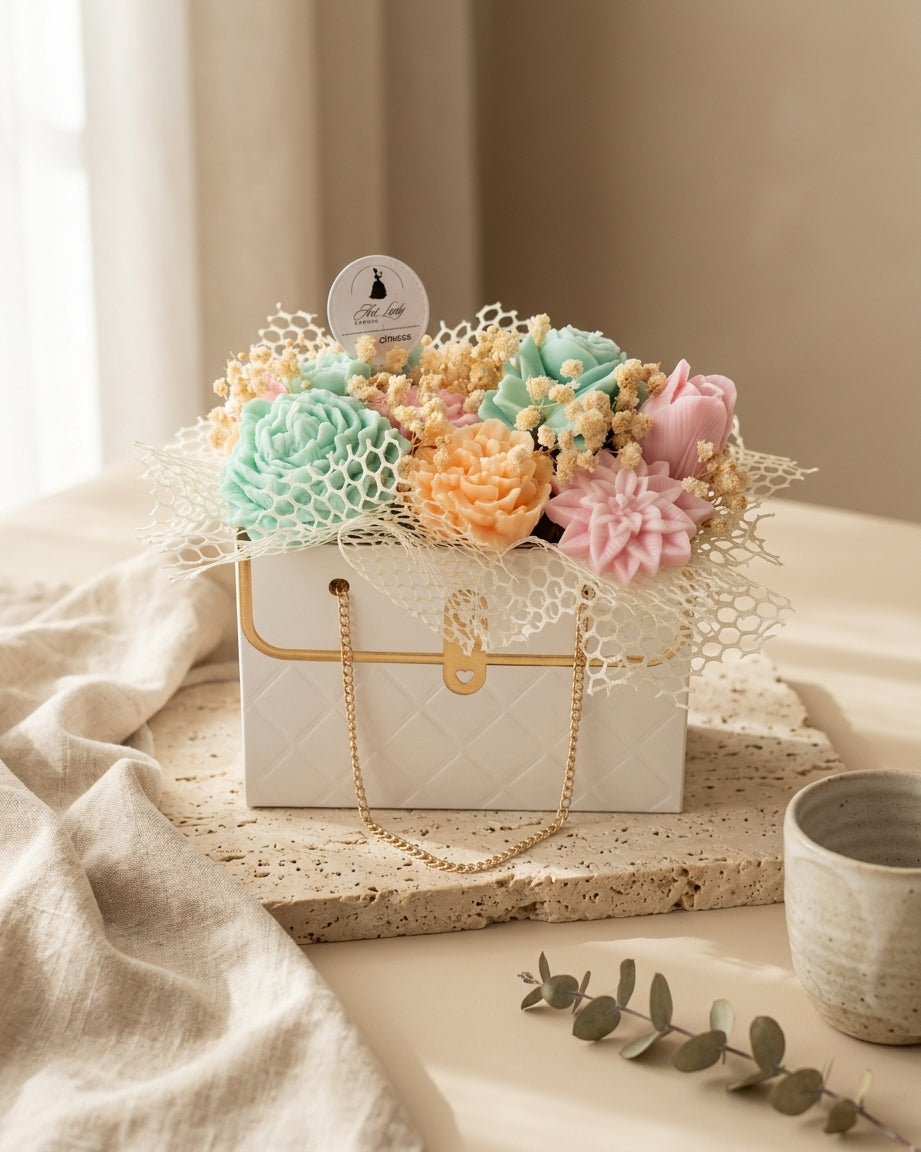 BOUQUET BOLSO BLANCO - FLORES VERDES,ROSAS Y NARANJAS