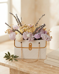 BOUQUET BOLSO BLANCO - FLORES BLANCAS,AMARILLAS Y LILA
