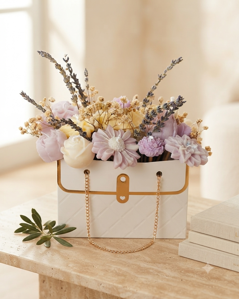BOUQUET BOLSO BLANCO - FLORES BLANCAS,AMARILLAS Y LILA