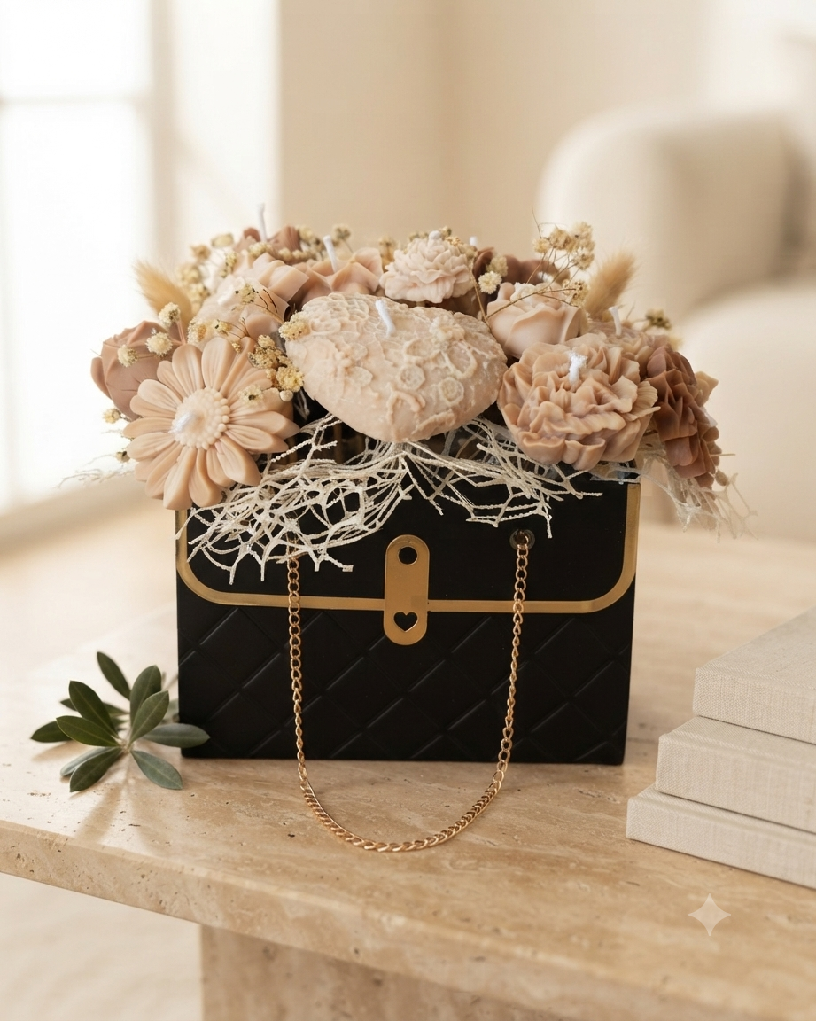 BOUQUET BOLSO NEGRO-FLORES MARRONES