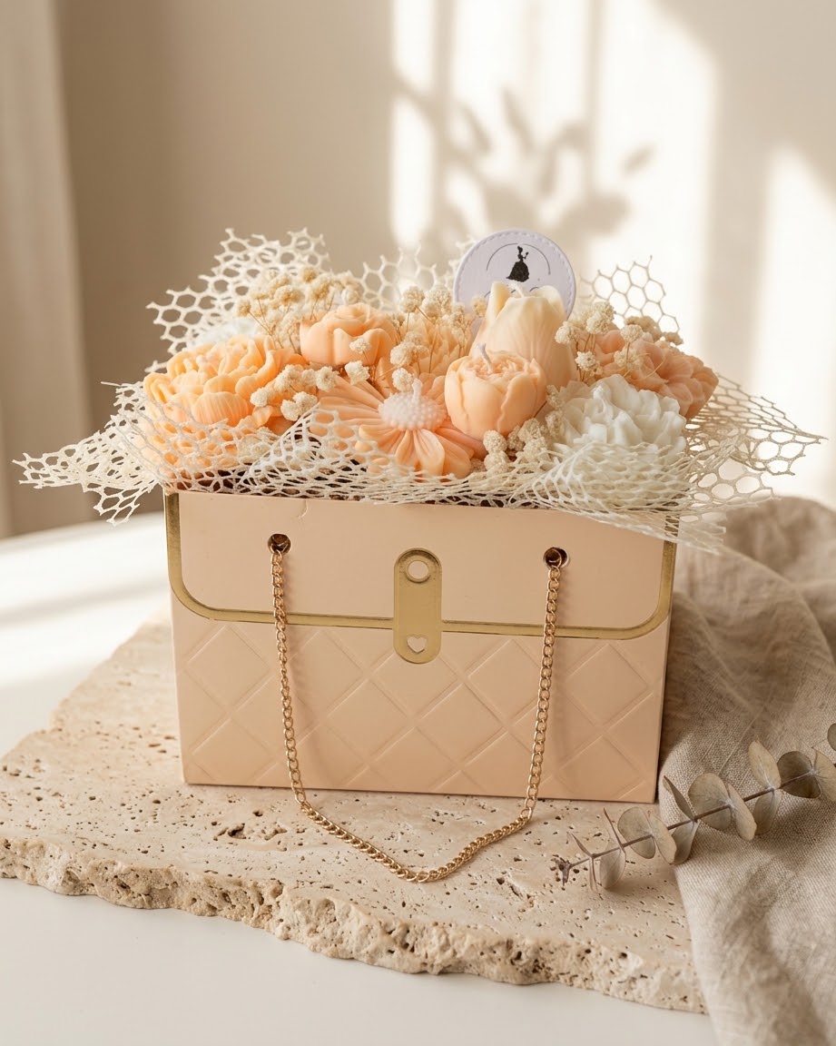BOUQUET BOLSO SALMÓN - FLORES BLANCAS Y NARANJAS