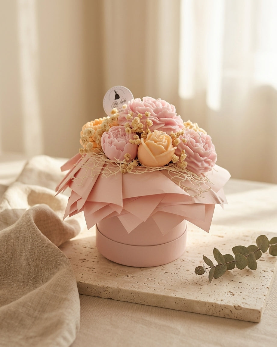 BOUQUET CAJA ROSA - FLORES ROSAS Y NARANJA