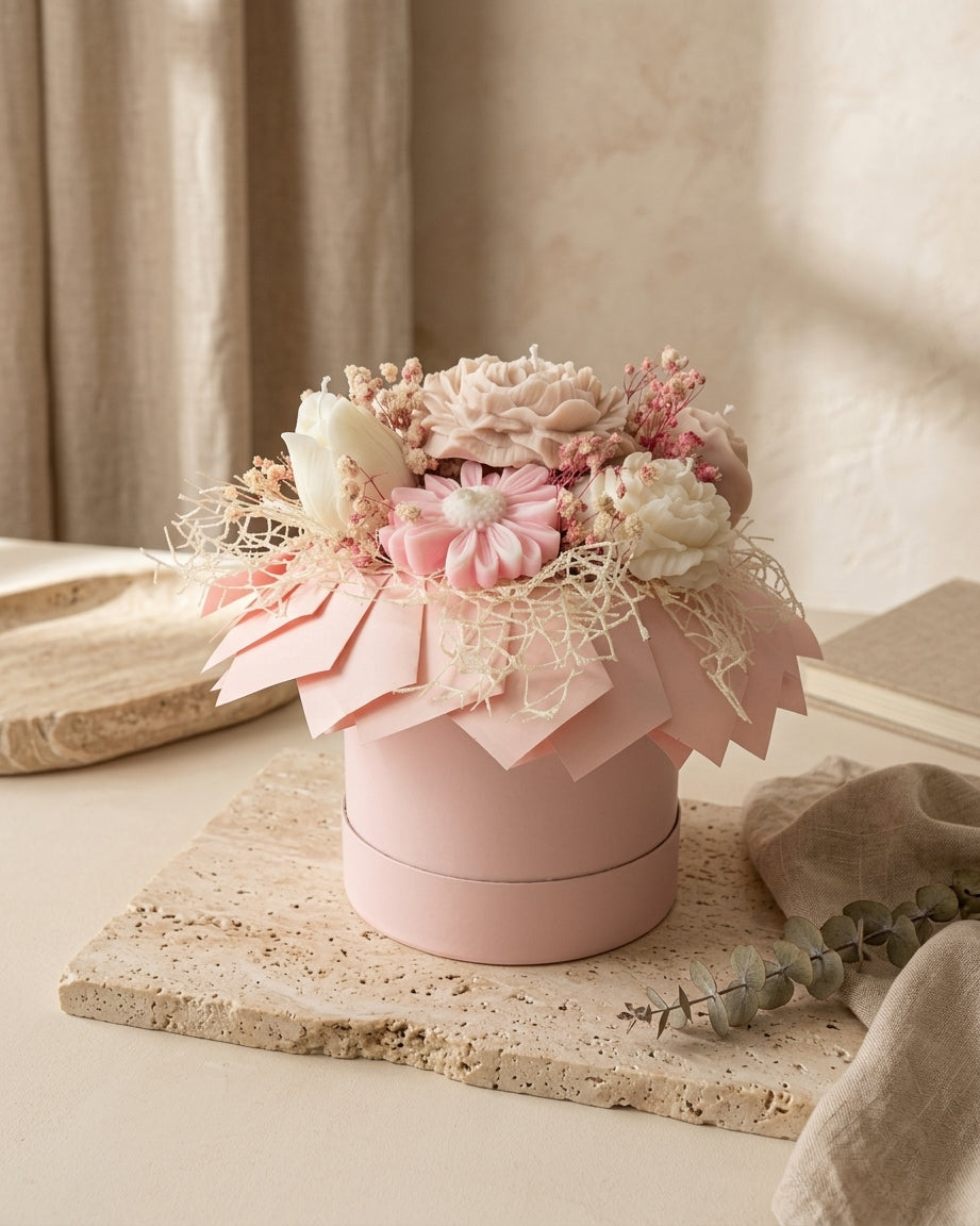 BOUQUET CAJA ROSA - FLORES BLANCAS, BEIGE Y ROSA
