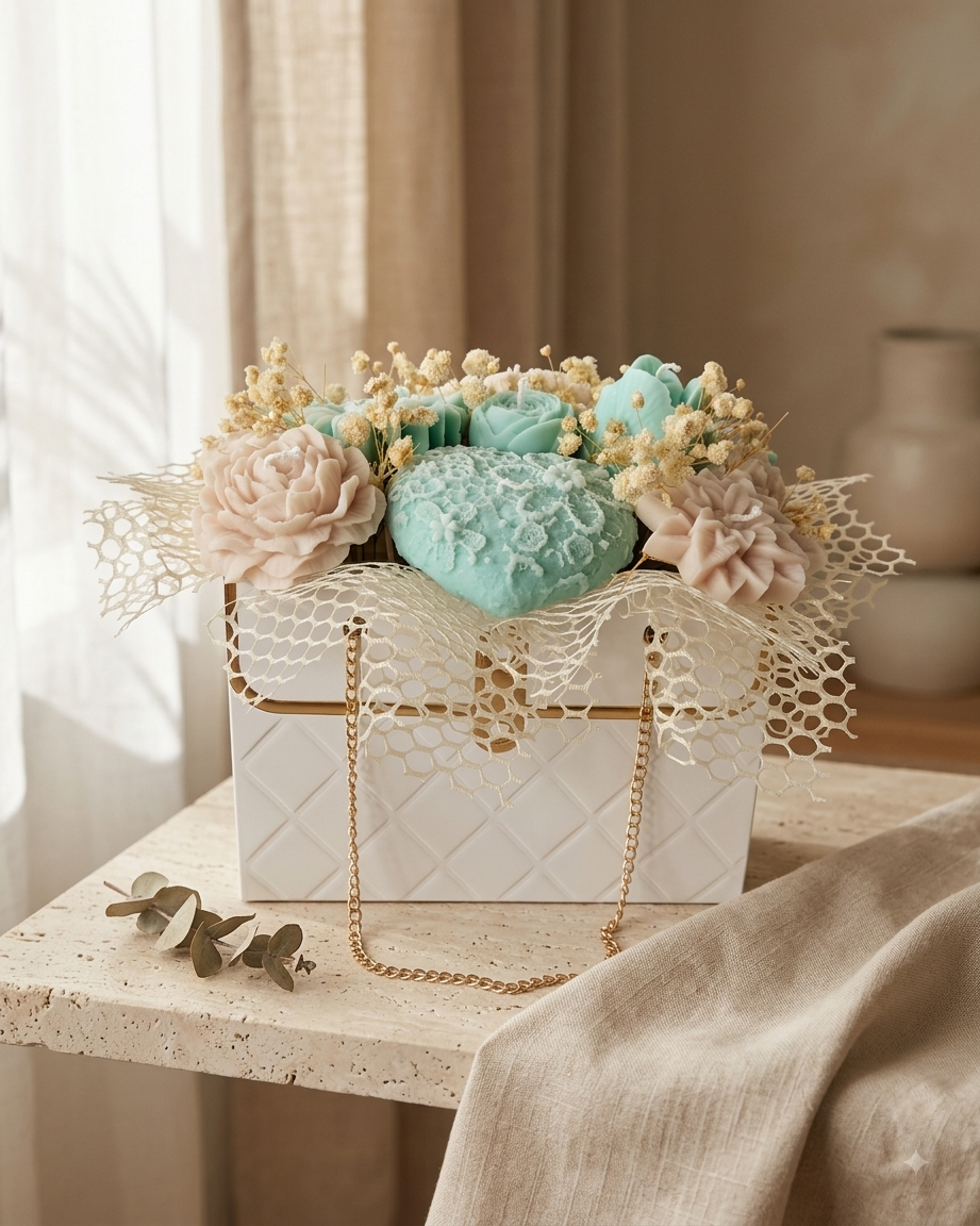 BOUQUETS BOLSO BLANCA- FLORES BEIGE Y MENTA