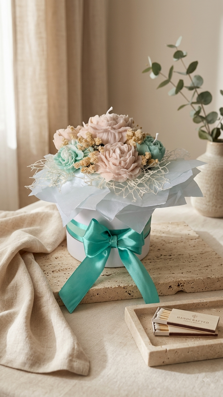BOUQUET CAJA BLANCA - FLORES BEIGE Y MENTA