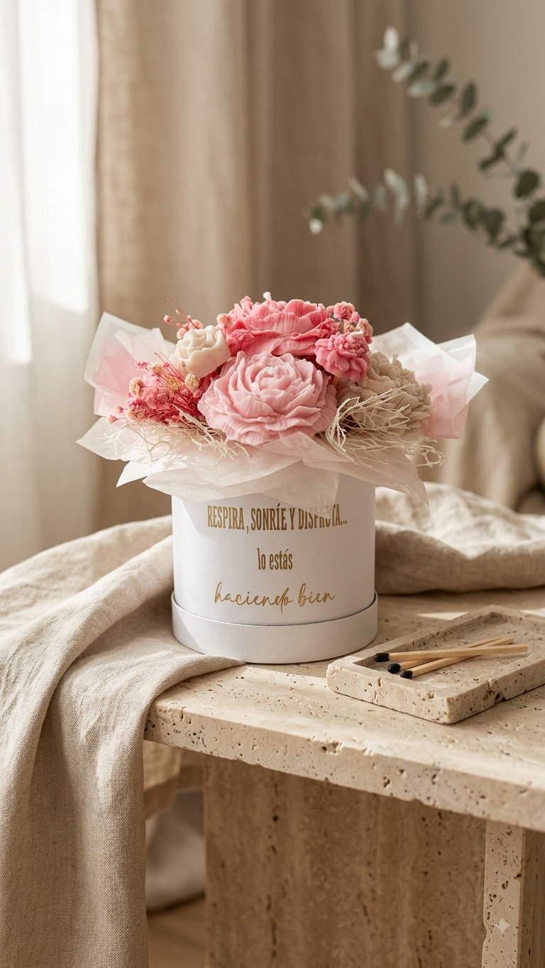 BOUQUET CAJA BLANCA - FLORES BEIGE Y GROSELLA