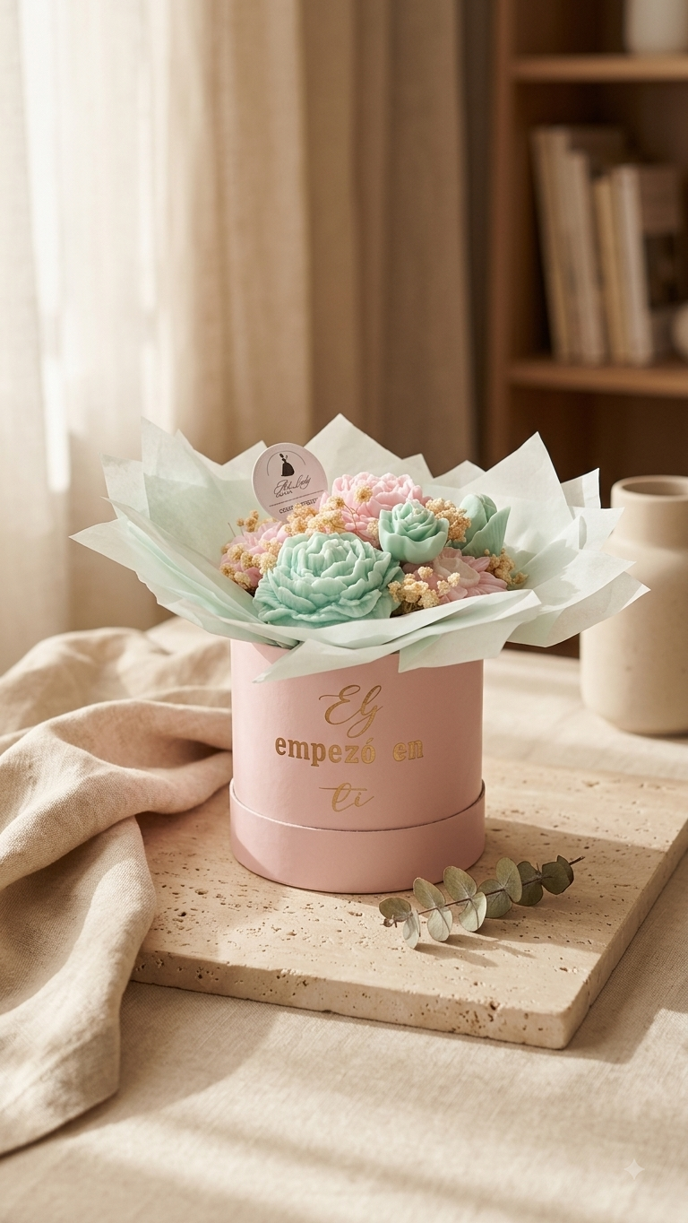 BOUQUET CAJA ROSA-FLORES VERDES Y ROSA